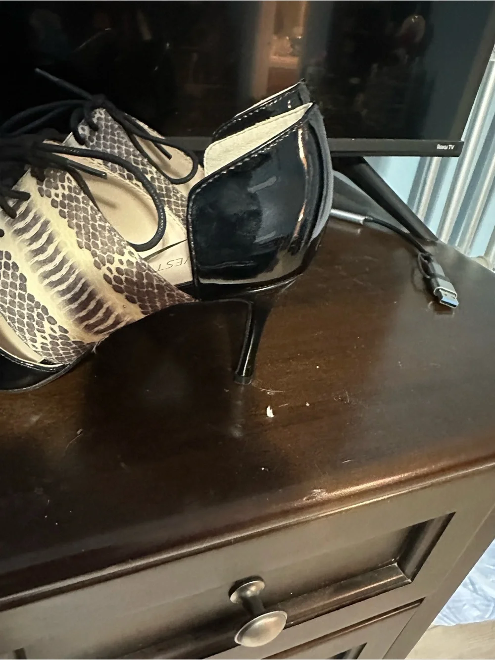 Nine West Black Patent Pointed-Toe Lace-Up Pumps with Snake-Print Panel Accent